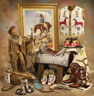 Weighorst painting, beaded vest, silver saddle, tomahawk,spurs, boots, moccasins